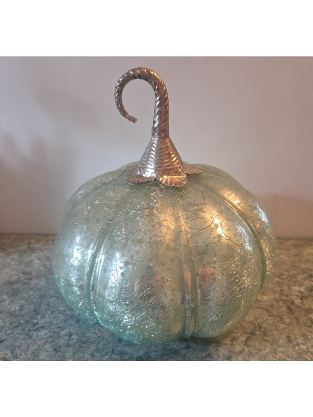 Aqua Mercury Glass Lighted Pumpkin Ornate Metal Stem Fall Decor 8"